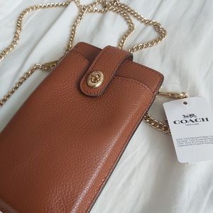 Coach Phonebag wristlet brown with gold strap